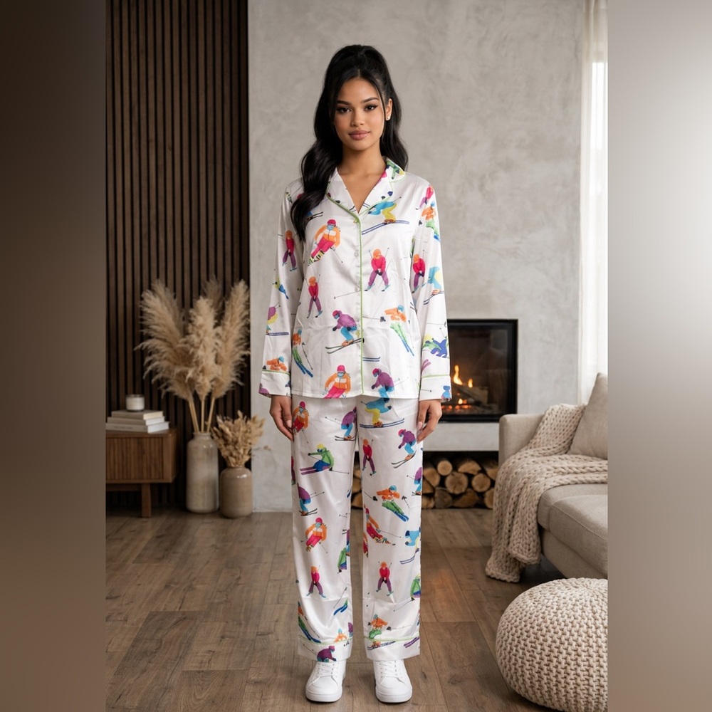 Women's White Ski Print satin Pajama Set - Relaxed Button-Up Sleepwear